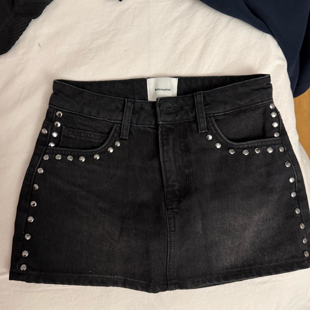Reformation Black Denim Studded Mini Skirt